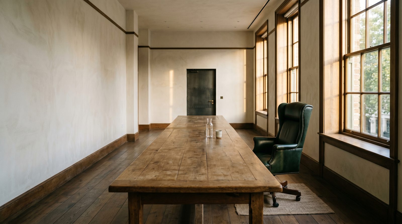 An empty boardroom with one leather chair at the head of an oak table