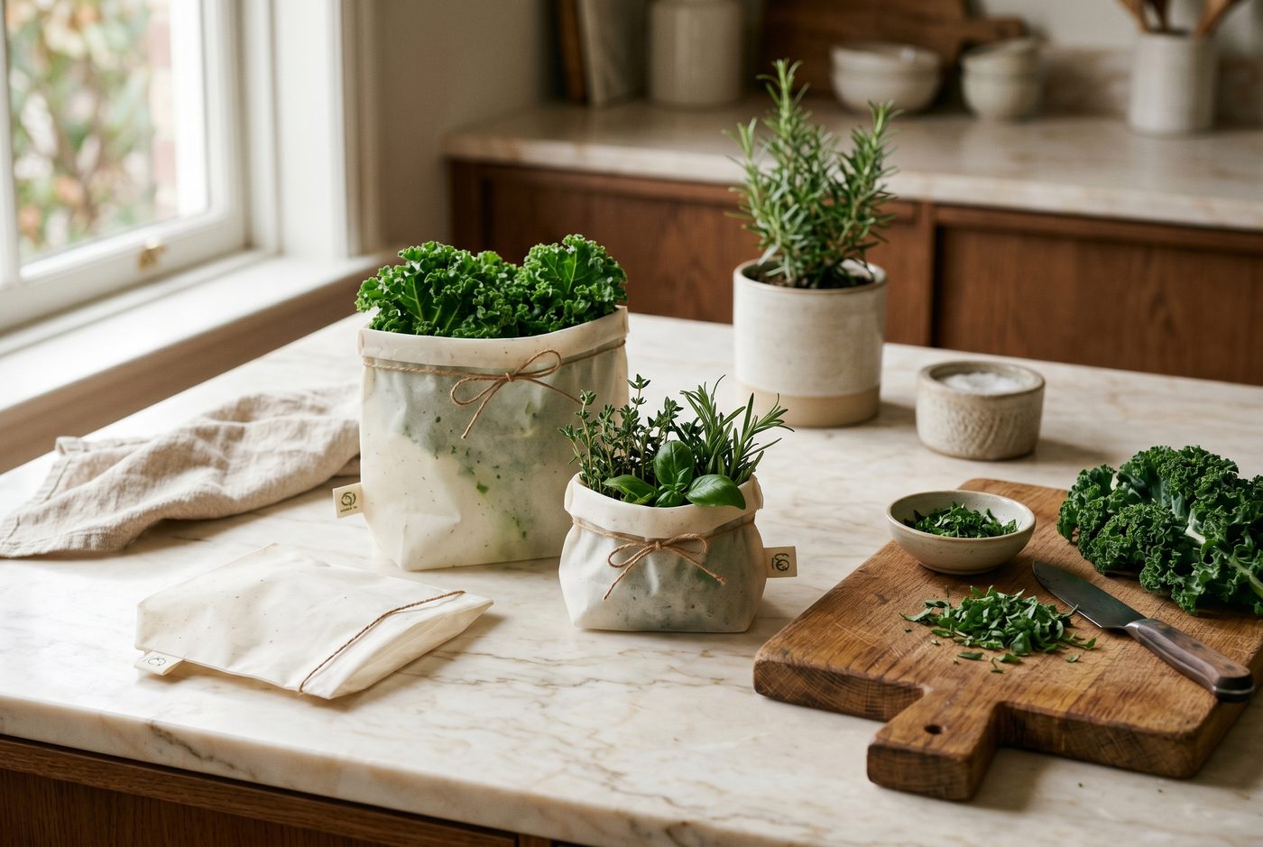 Compostic — premium kitchen scene with compostable food storage bags