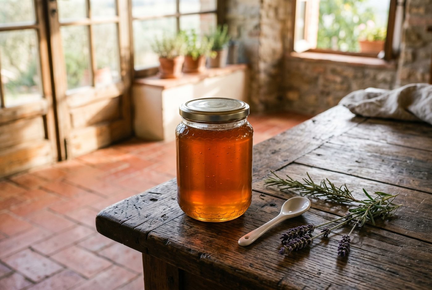 Watson & Son — premium honey jar on European wooden table